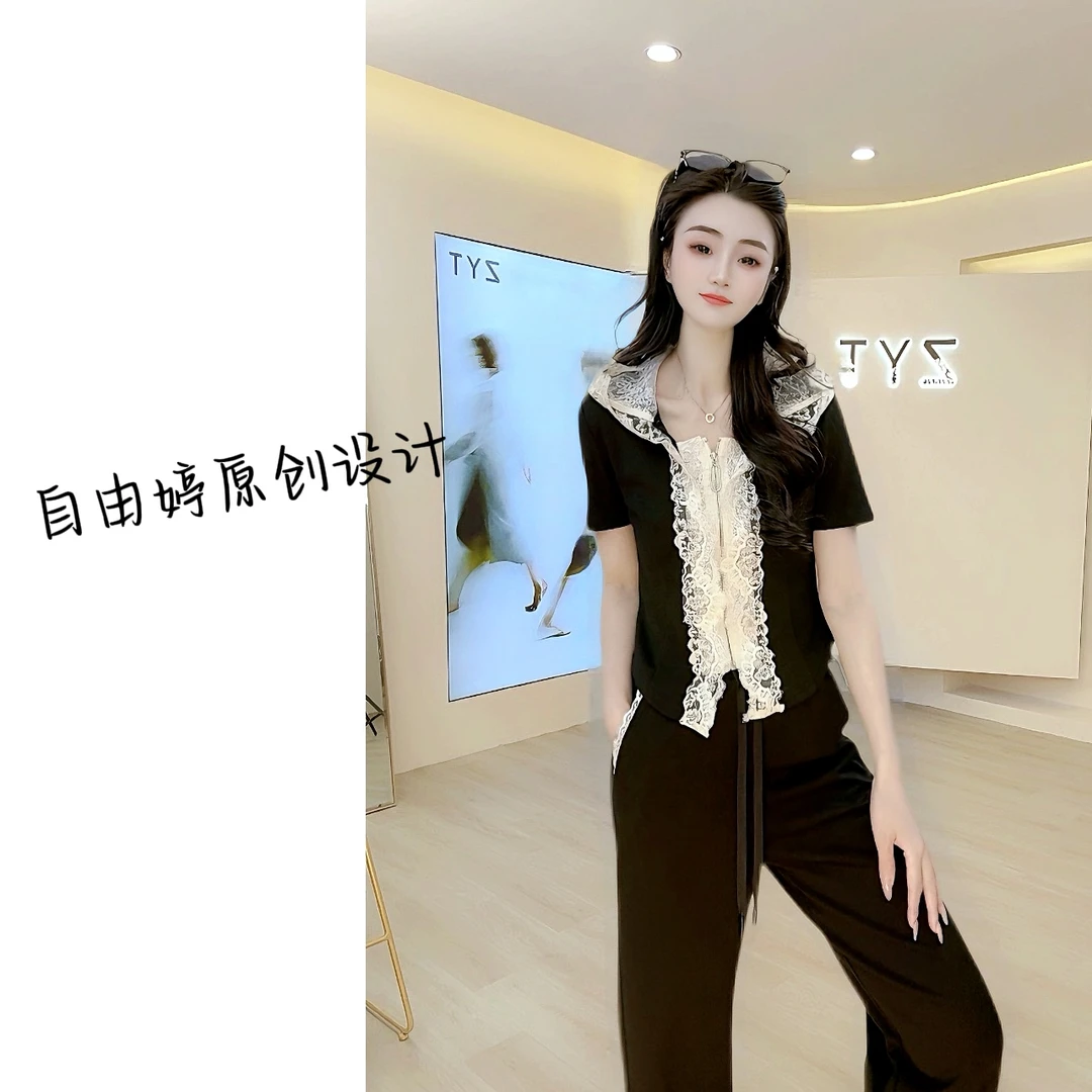 休闲蕾丝拼接连帽短袖直筒裤两件套女夏季新款运动服时尚减龄6054