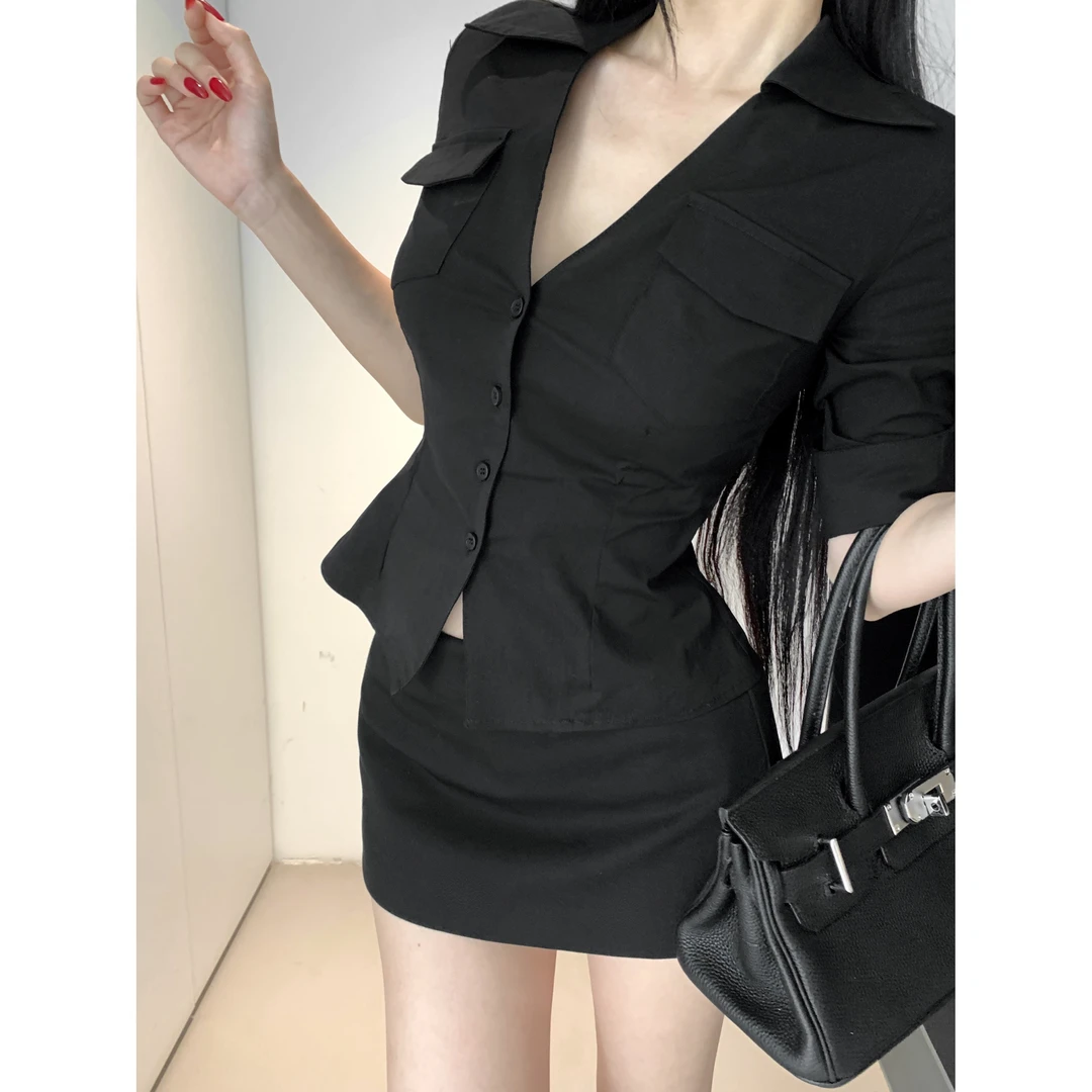 巧克少女黑色单排扣翻领中袖衬衫女装夏季修身半身裙包臀裙两件套
