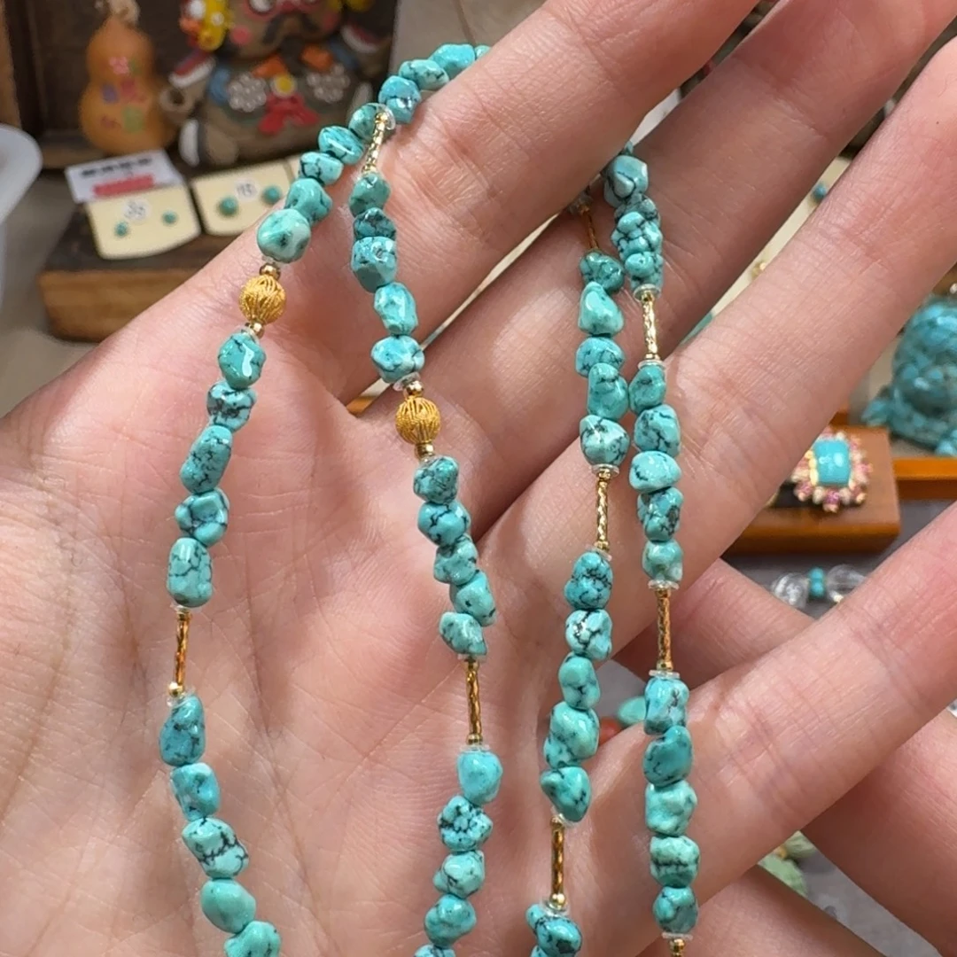 绿松石18K金镶嵌项链水草纹随形