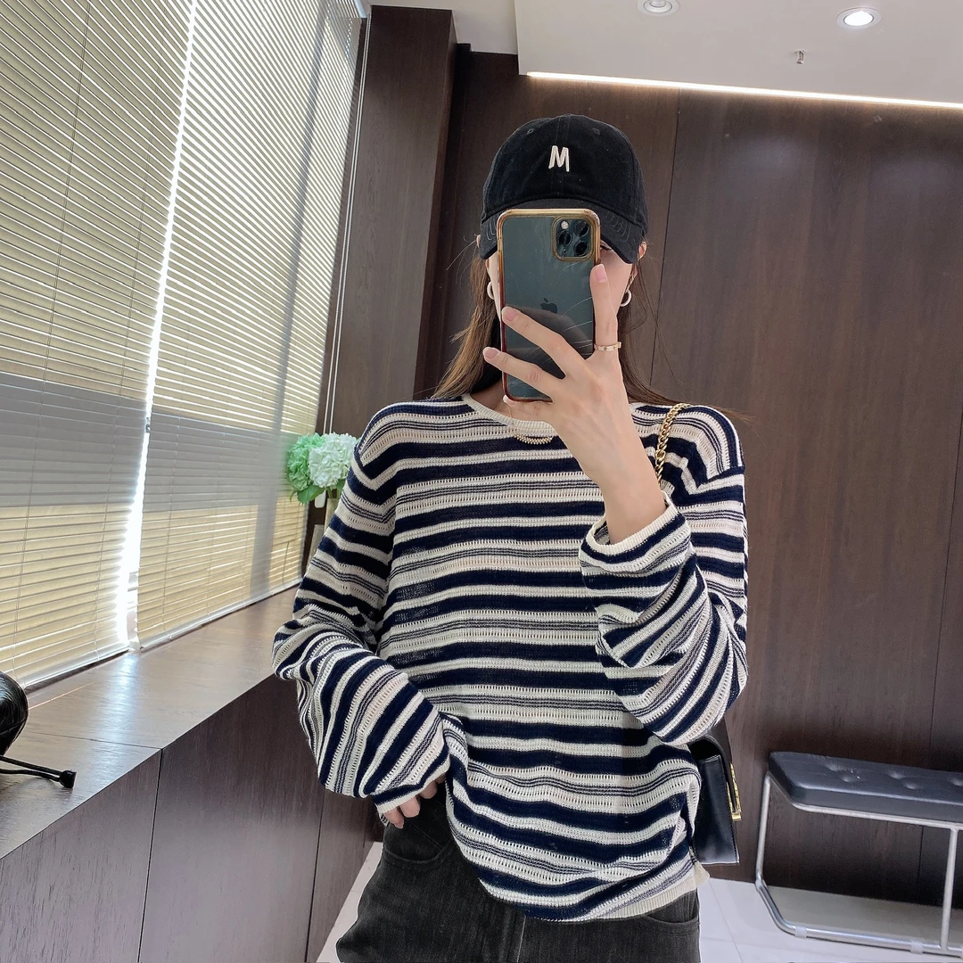 IMFLY金小金自制女装 针织衫DYW9660早秋慵懒风条纹撞色针织罩衫