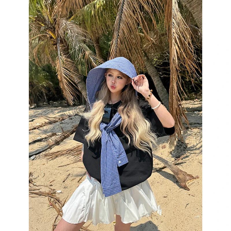 Sixminu 国潮牌情侣美式拼接格子假两件短袖女连帽宽松纯棉T恤男