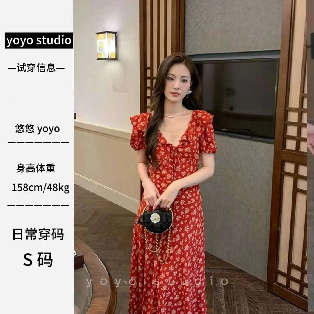 韩系温柔蝴蝶结系带长裙泡泡袖收腰显瘦气质大摆波点连衣裙