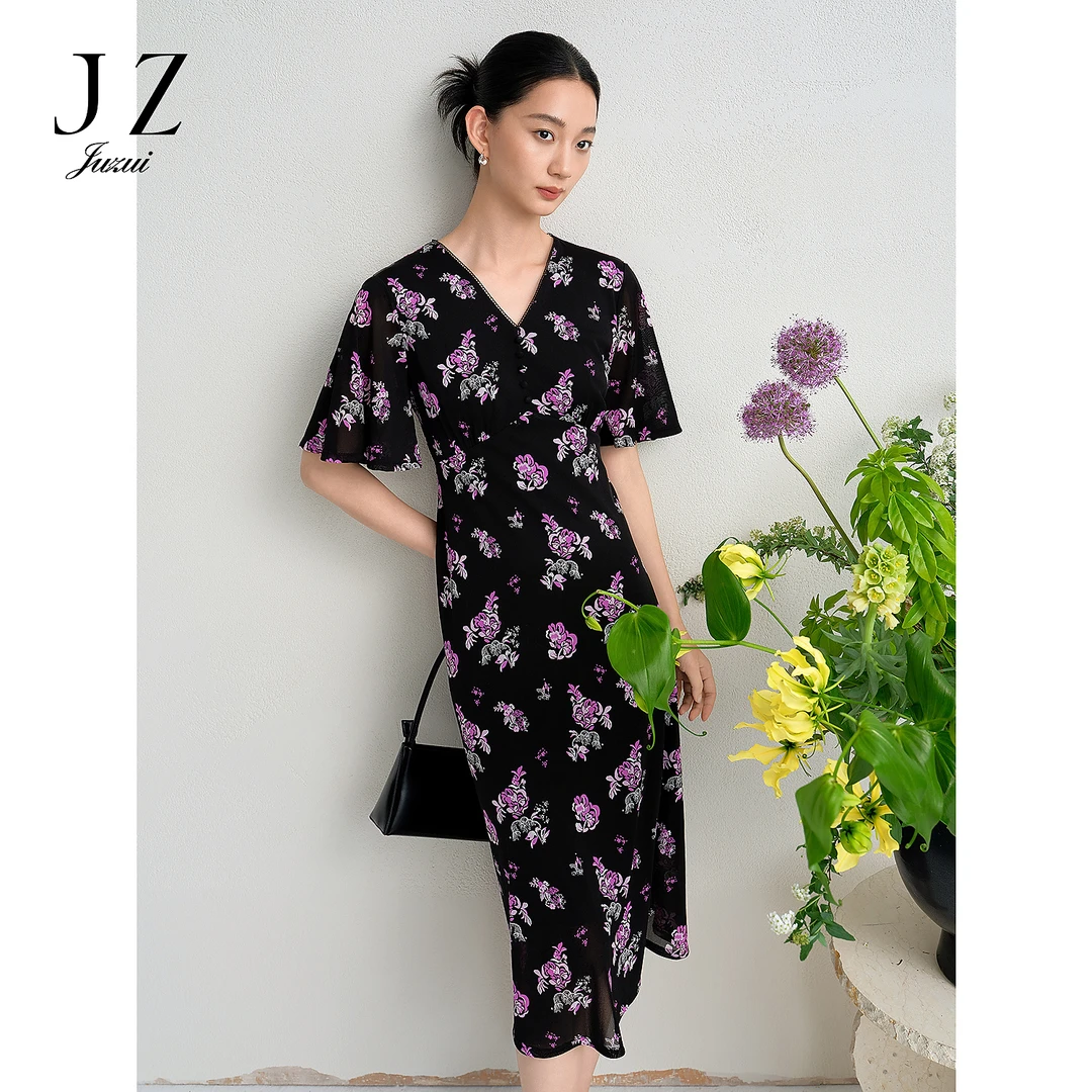 JUZUI玖姿优雅纱罗收腰碎花连衣裙女2025夏季新款JWFX50085