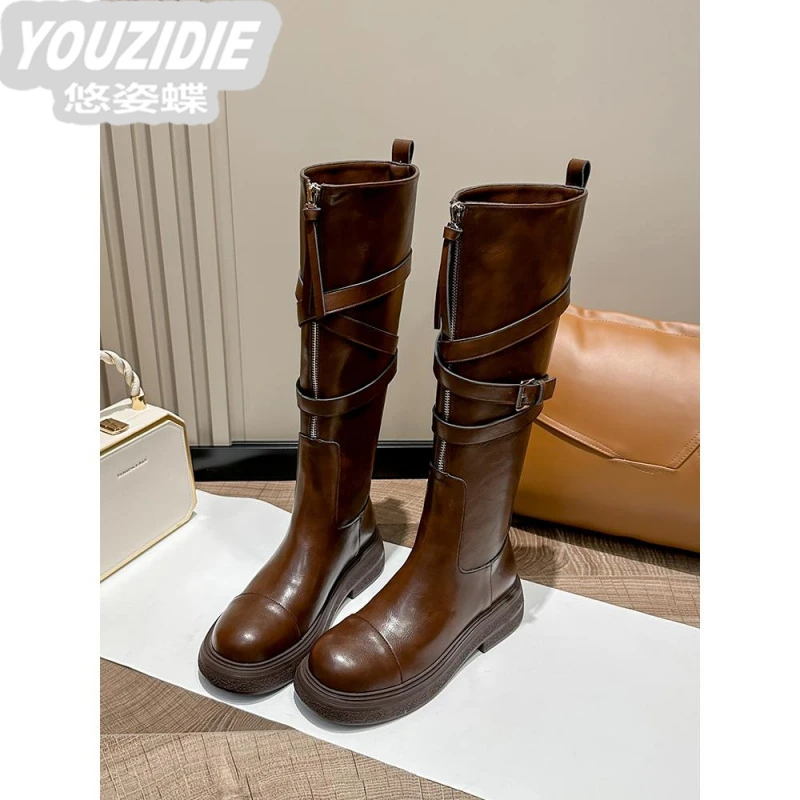 YOUZIDIE美拉德骑士靴女式过膝长靴秋冬高棕色天鹅绒西部牛仔靴