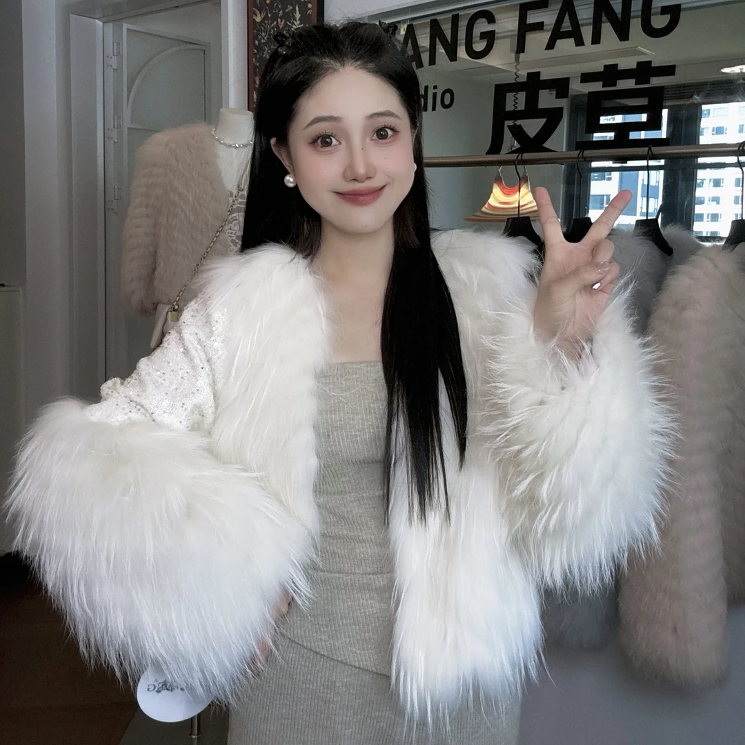 【FANGFANG】2025貉子毛新款亮片车条工艺显瘦皮草外套