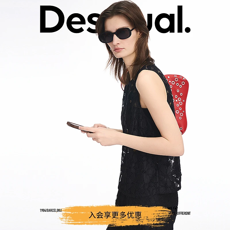 Desigual镂空刺绣圆领无袖黑色女式上衣