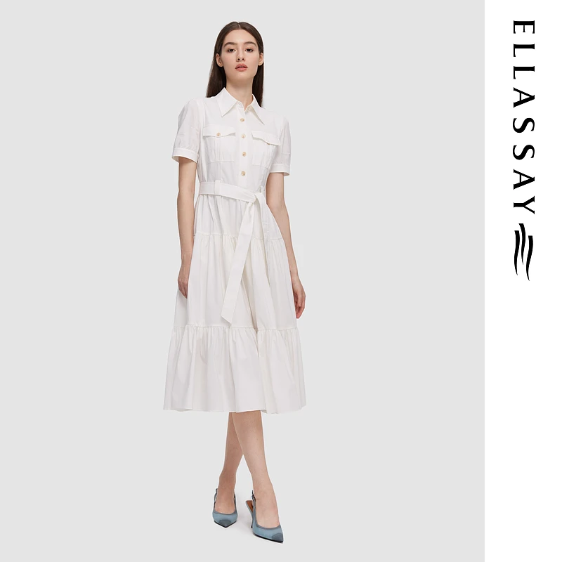 【罗马假日裙】ELLASSAY歌力思新款棉感系带衬衫连衣裙EWD351Y01900