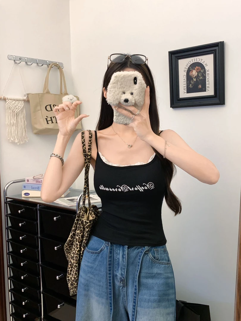 美式纯欲辣妹小众设计上衣带胸垫修身美背字母吊带背心