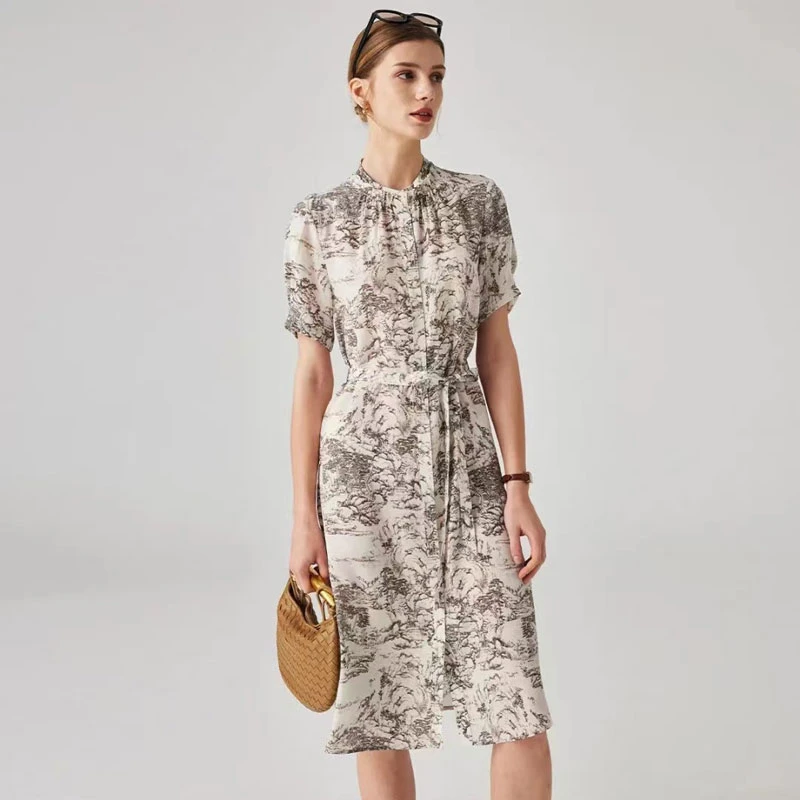 桑蚕丝连衣裙时尚显瘦宽气质法式花色夏季复古LW   L5190