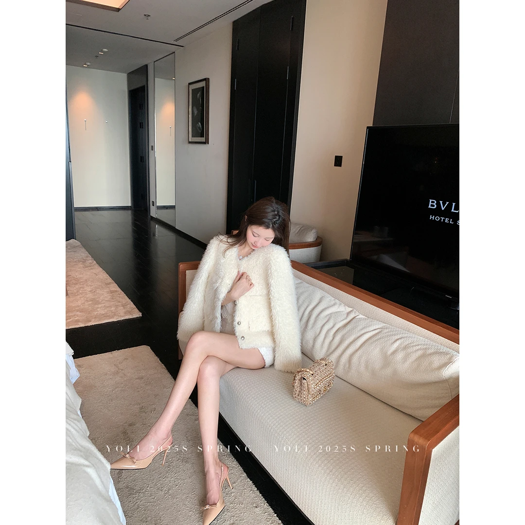 【清仓特惠】YOLI 张宥利 "娇香软玉" 米白色外套圆领女冬季百搭通