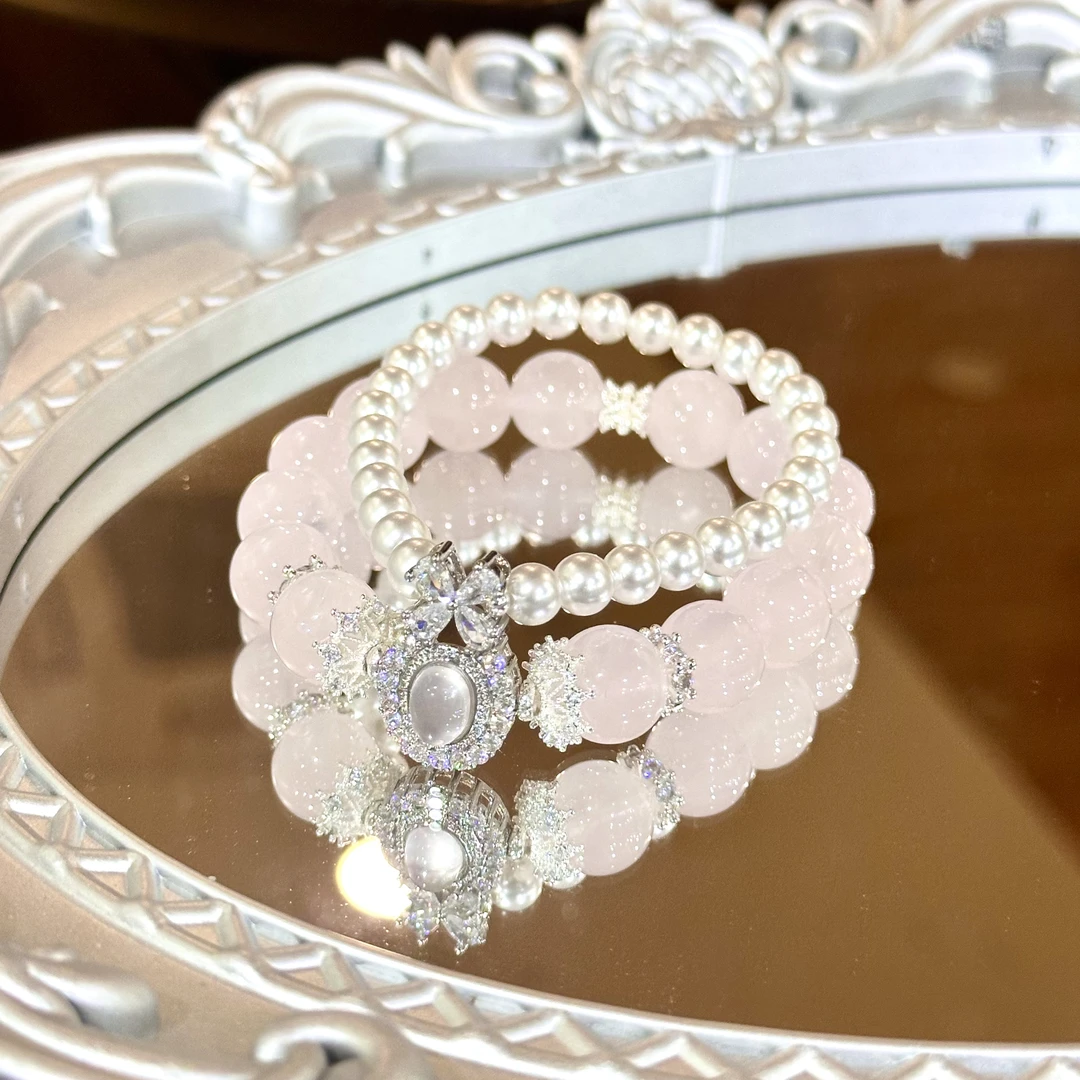 【富家千金】天然粉水晶双圈手链11m粉水+6m珍珠多样性发水晶手串