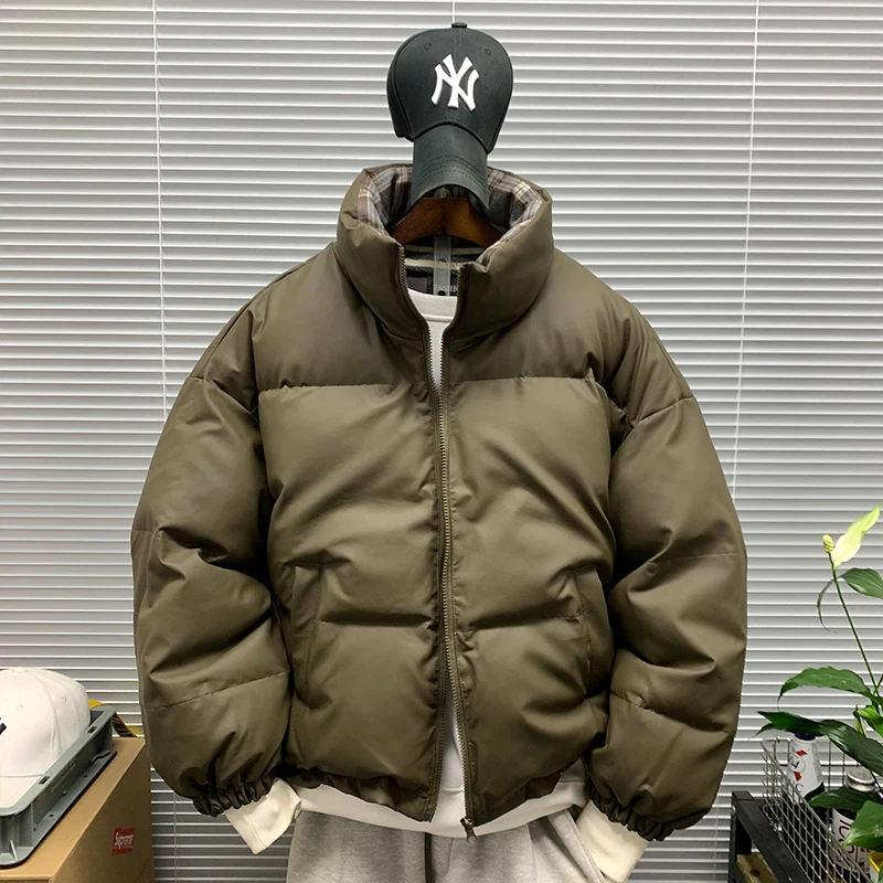 立领短款PU皮棉衣外套男款冬季加厚保暖简约时尚潮牌百搭面包棉服