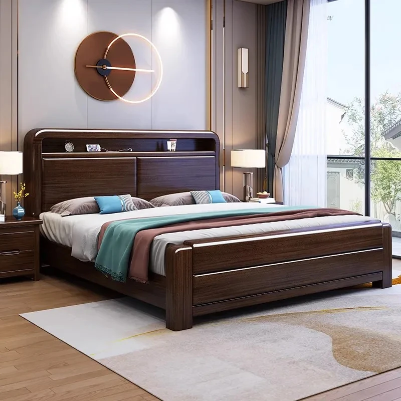 紫金檀木榫卯实木床现代1.8米双人床1.5米家用主卧带灯储物床