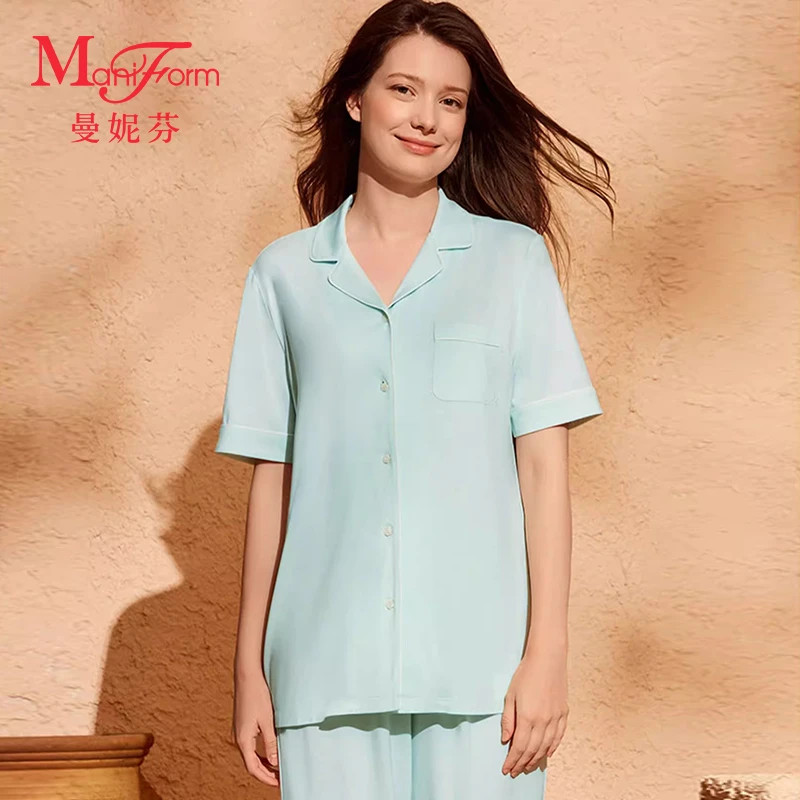 曼妮芬春夏薄款舒适女士睡衣V领简约高级感轻奢可外穿家居服套装