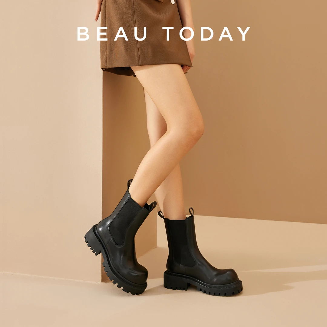 BeauToday【全牛皮】中筒切尔西英伦百搭粗跟厚底秋冬翘头女款靴子