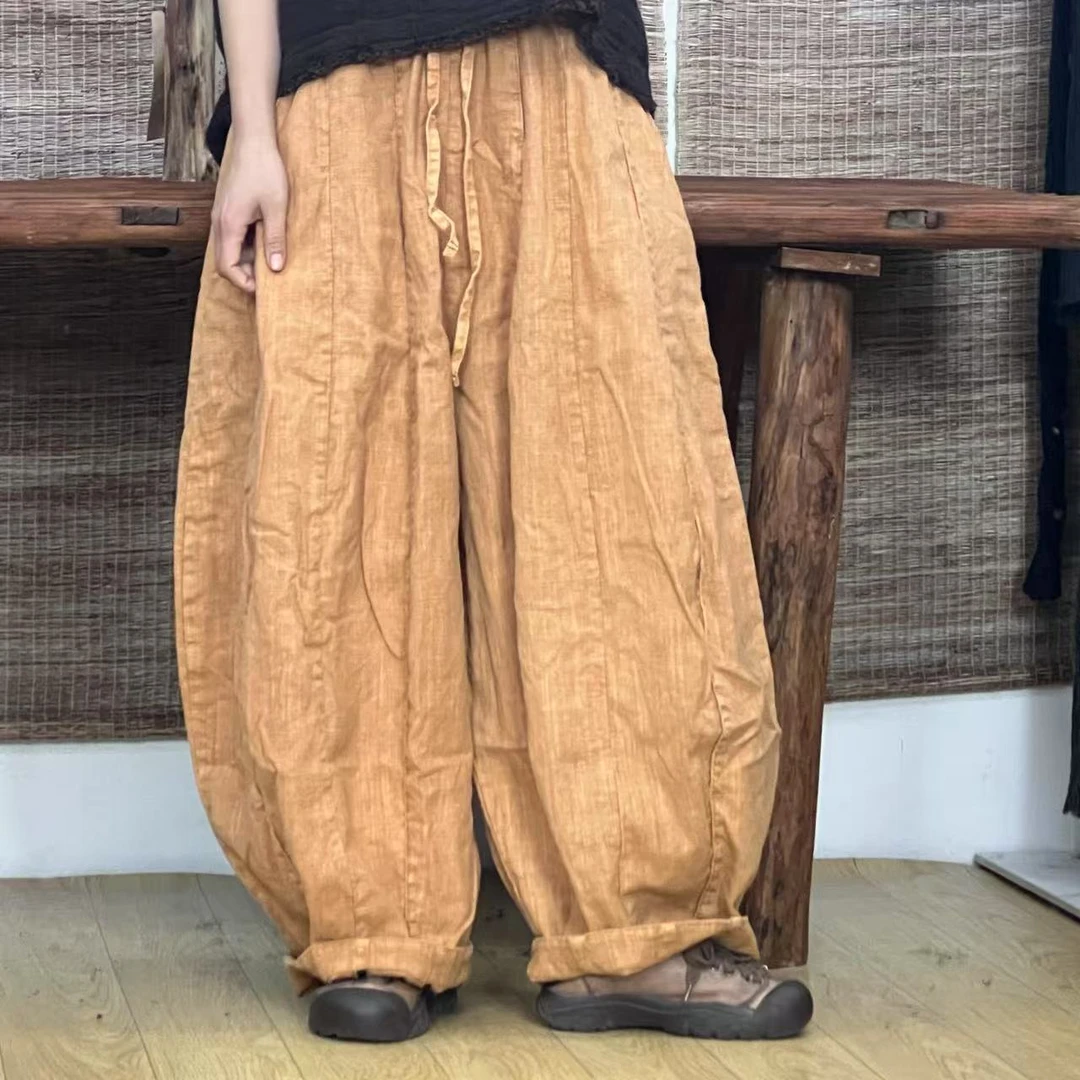 HH 0161净版重工砂洗亚麻16片拼接灯笼裤（裤长100臀围220）