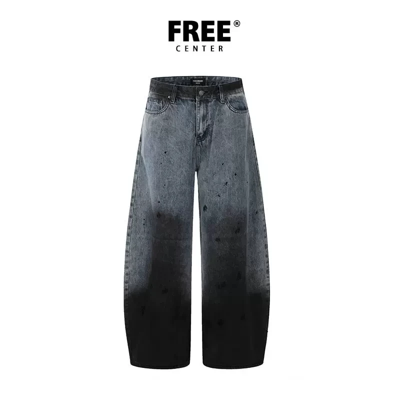 Free Center 时尚女喷漆泼墨洗水宽松做旧复古渐变色设计感直筒裤