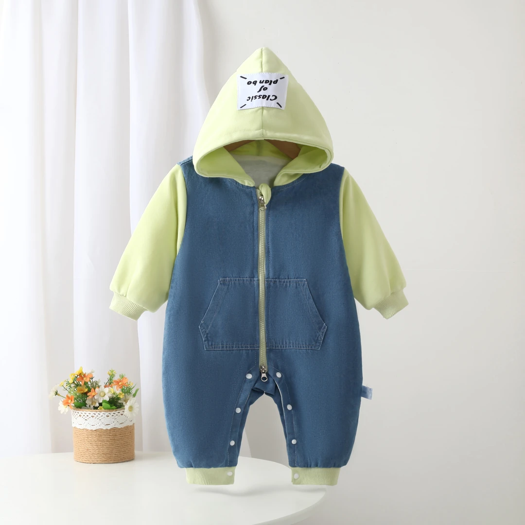 婴幼儿秋季新款撞色袖牛仔带里哈衣百搭休闲时尚爬服