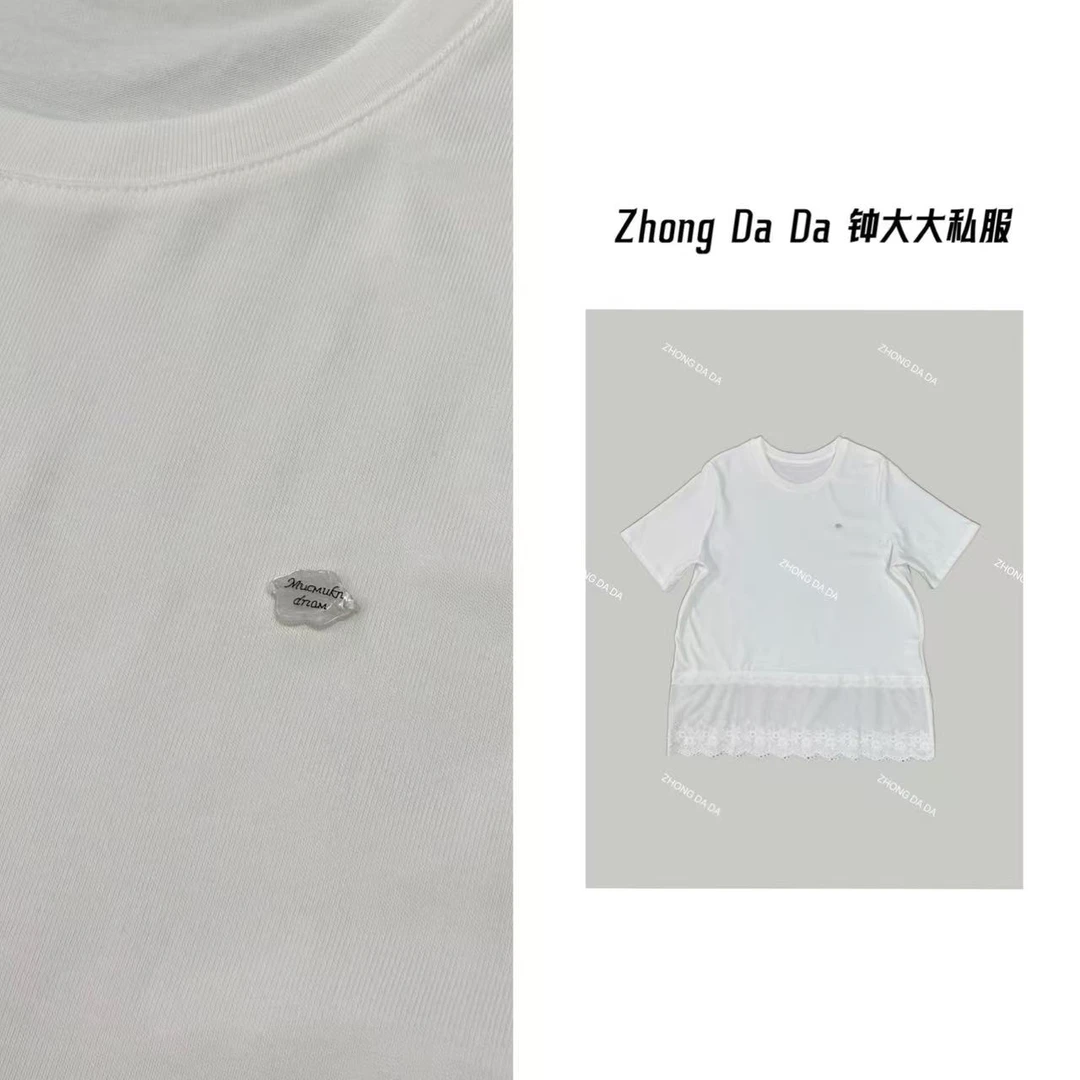 ZHONG大大【】2025春夏新款下摆蕾丝花边拼接宽松短袖T恤11787