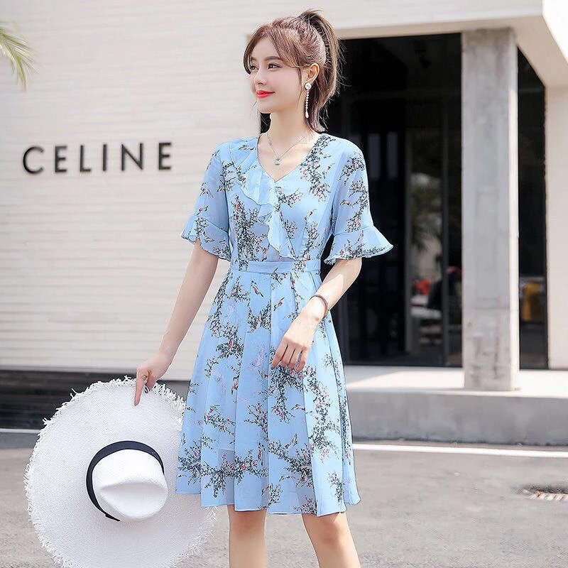 流行连衣裙新款2025年夏女碎花裙雪纺小清新减龄短袖中长裙显瘦