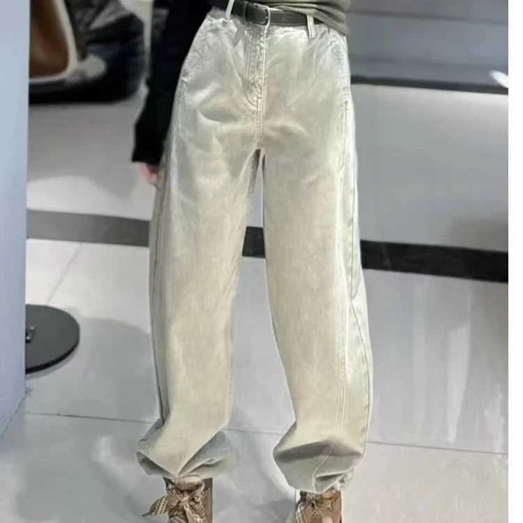 颜色好好看的卡其绿洋气磨毛拉绒弯刀牛仔裤(NO退NO换)