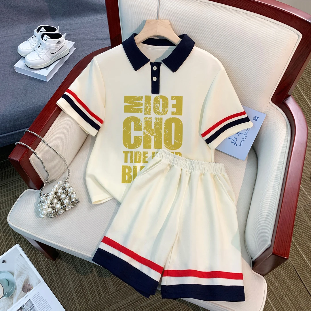 男女童短袖POLO衫短裤套装夏季潮牌字母印花中大童两件装五分裤潮