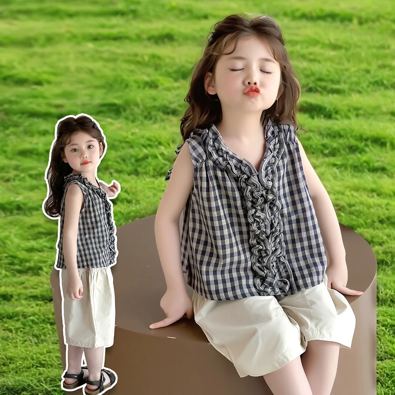 女童夏季无袖格子套装2025新款洋气儿童夏装背心两件套女宝宝衣服