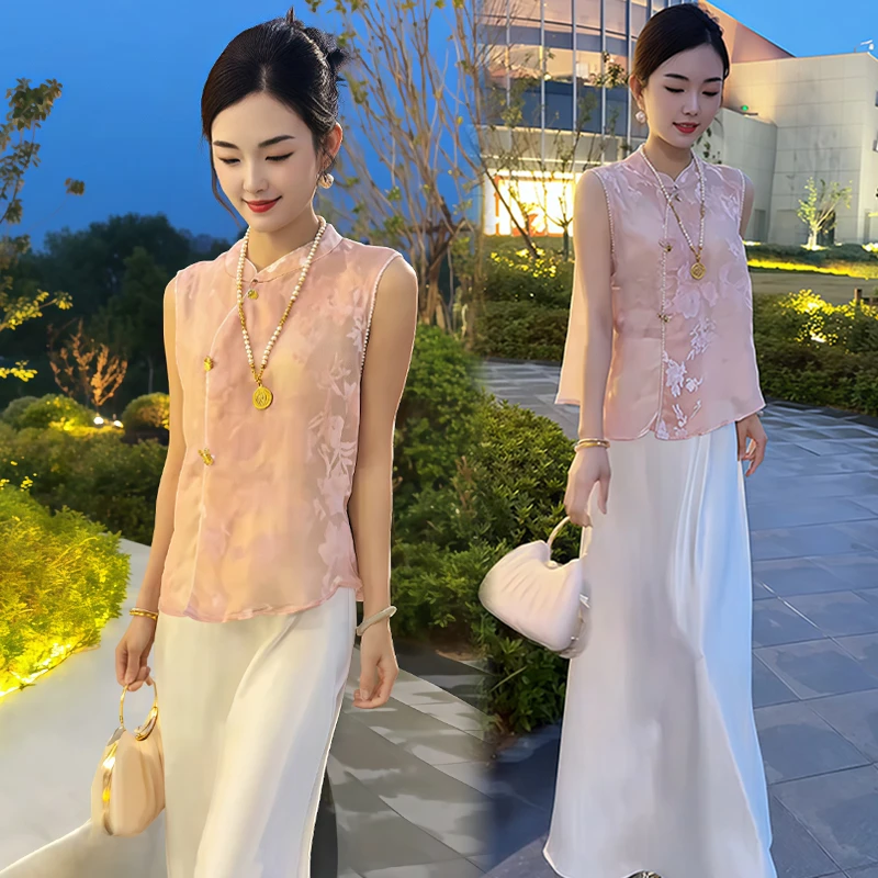 时尚复古盘扣无袖套装女2025年夏季新款时髦轻奢上衣半身裙两件套