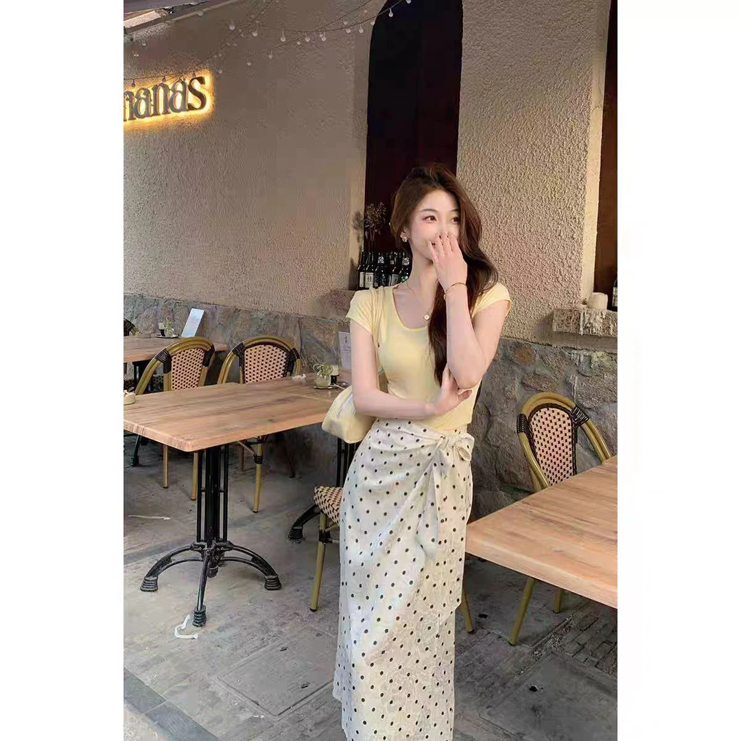 波点连衣裙法式中裙印花韩版中长裙半身裙文艺复古