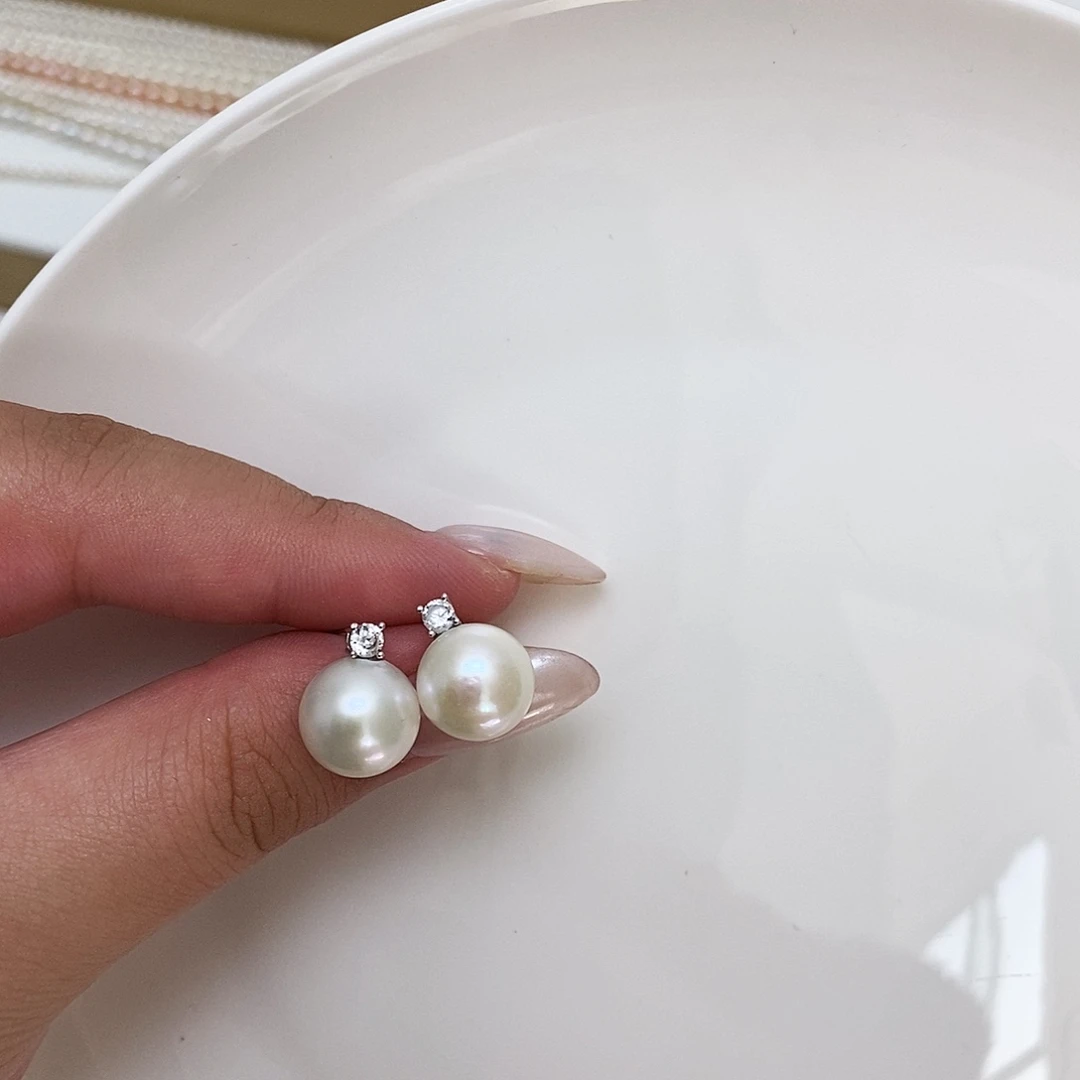 白珍珠戴妃耳钉11m银S925镶嵌淡水珍珠