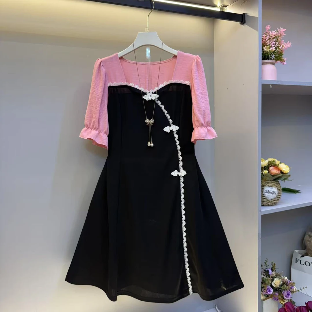 时尚夏季新款2025大码女装复古盘扣拼接显瘦优雅连衣裙