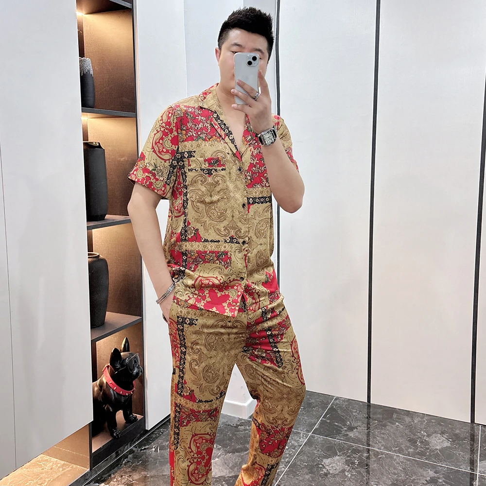 【特价3XL，4XL】冰丝短袖长裤睡衣套装可外穿家居服