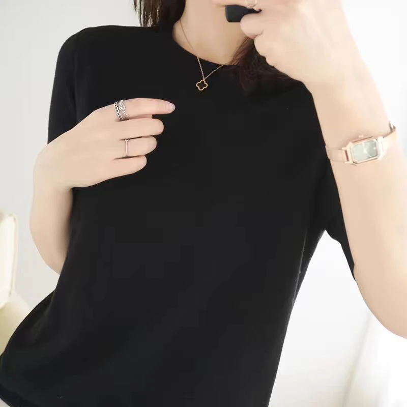 不褪色圆领短袖夏季薄款毛针织衫显瘦毛衣纯色时尚宽松百搭