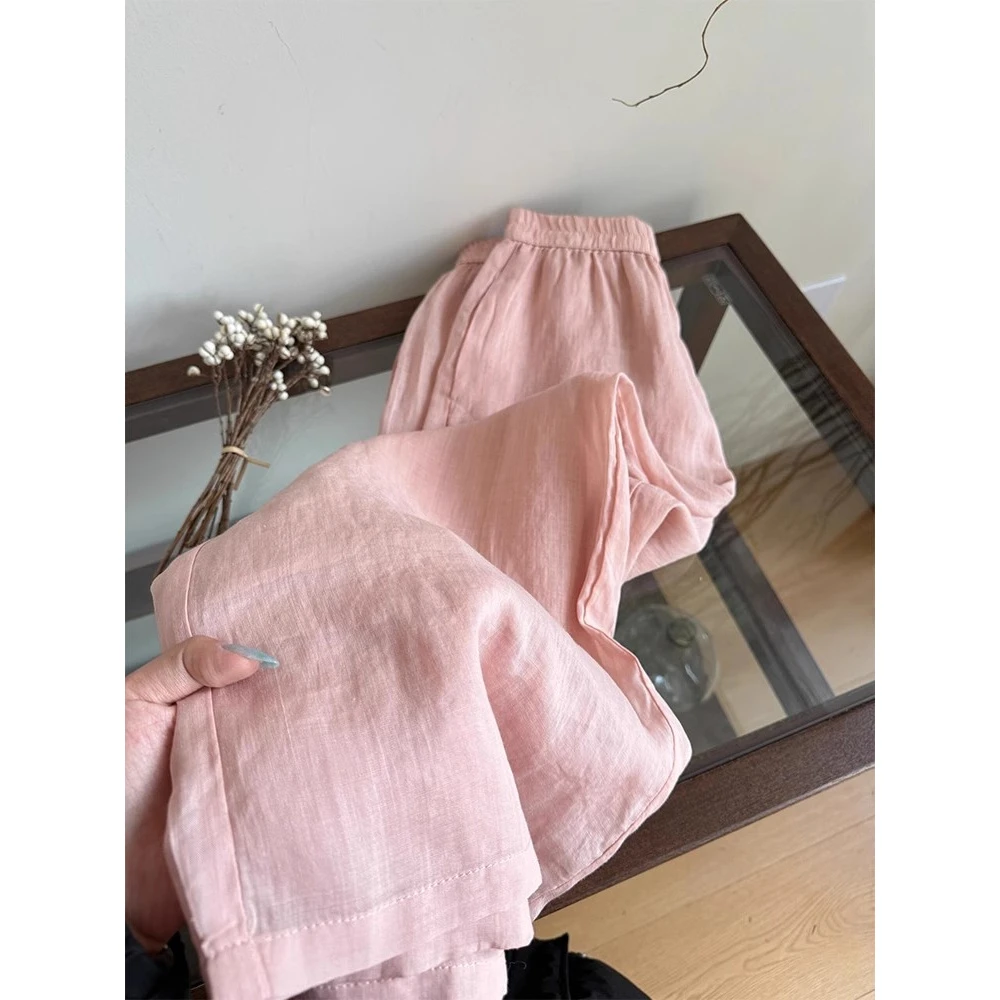 眼前一亮！怒推，松弛感粉色休闲裤女夏季透气松紧腰宽松垂感阔腿裤