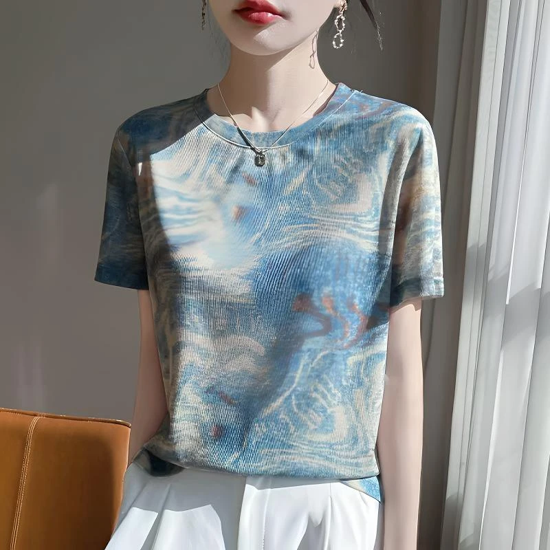夏季薄款清凉透气莱赛尔晕染圆领女士短袖宽松F