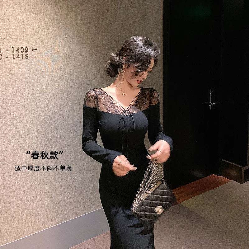 林关关【心动前奏】性感纯欲蕾丝拼接连衣裙气质名媛显瘦长袖裙子