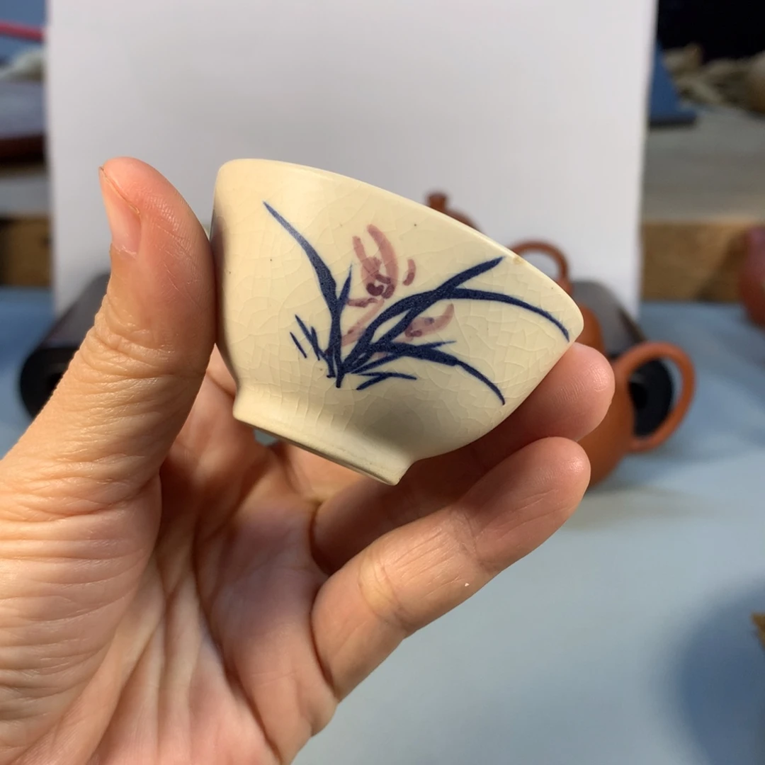 柴烧漳窑青花杯瑕疵35毫升