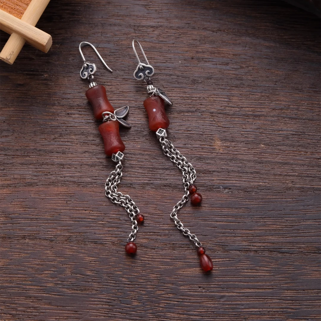 925银耳饰 E25286 红色竹节不对称流苏耳环手工复古百搭古风长款