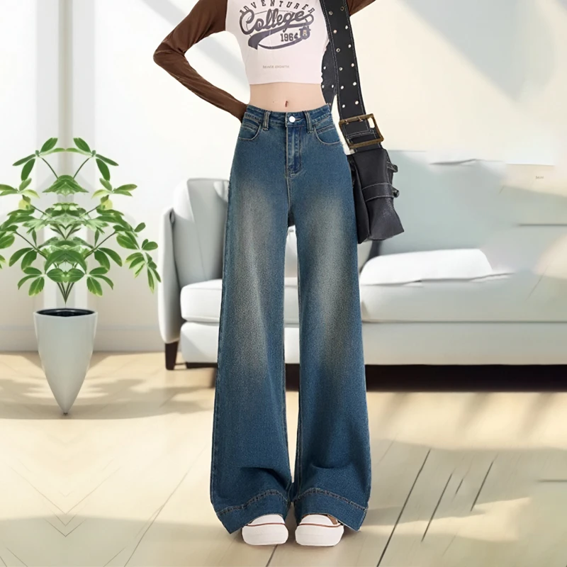 弹力牛仔裤女宽松修身显瘦阔腿微喇裤显高显瘦垂感高腰