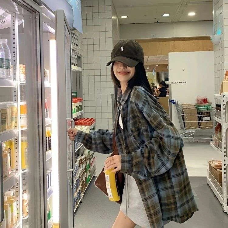 1.96美式格子复古衬衫2024春秋新款