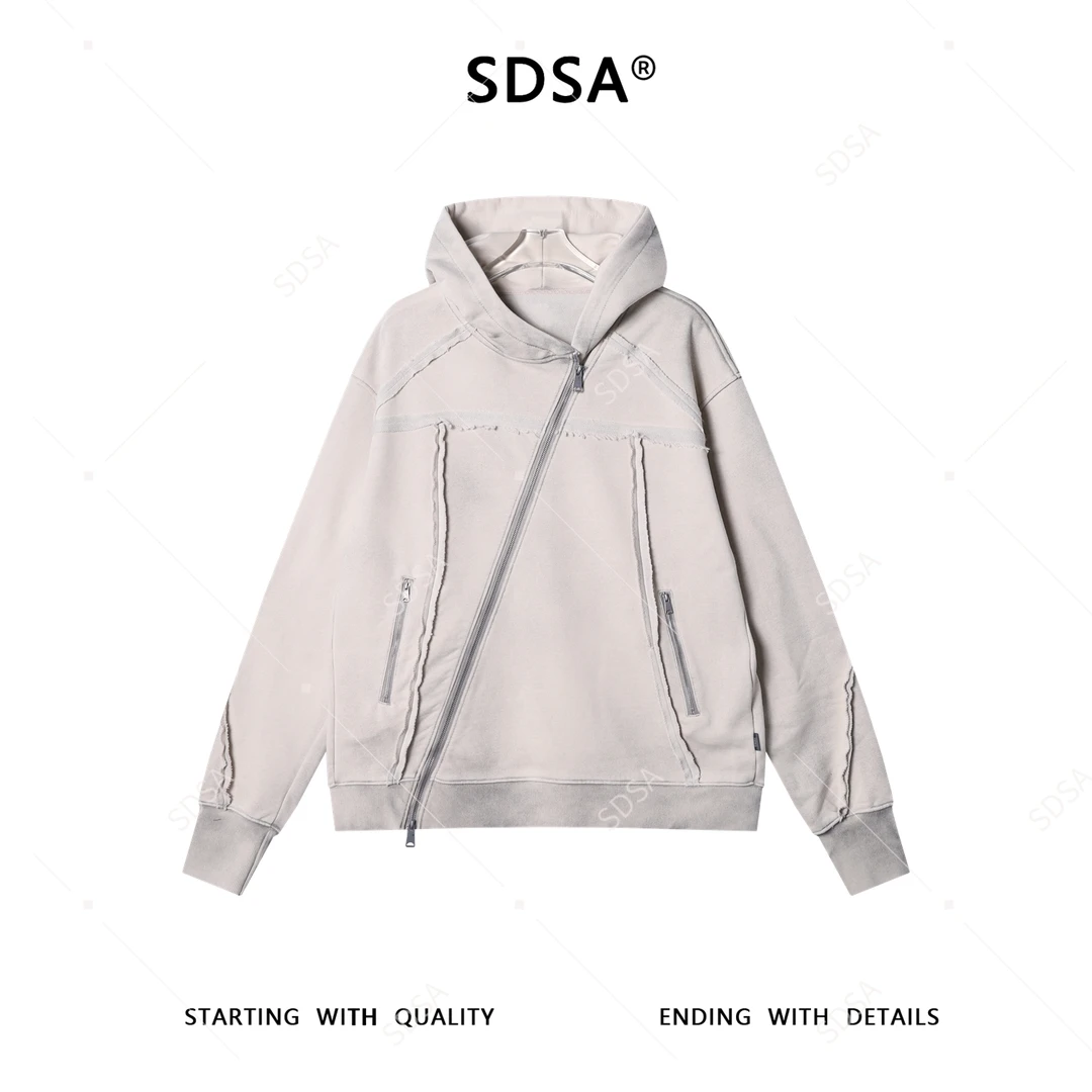 SDSA秋冬新款痞帅男装小众设计做旧斜拉链连帽卫衣高街开衫百搭