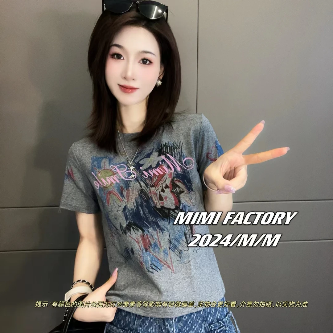 芈芈- 2025早春新款 重工涂鸦短袖T恤女修身显瘦时尚休闲百搭XCTQ