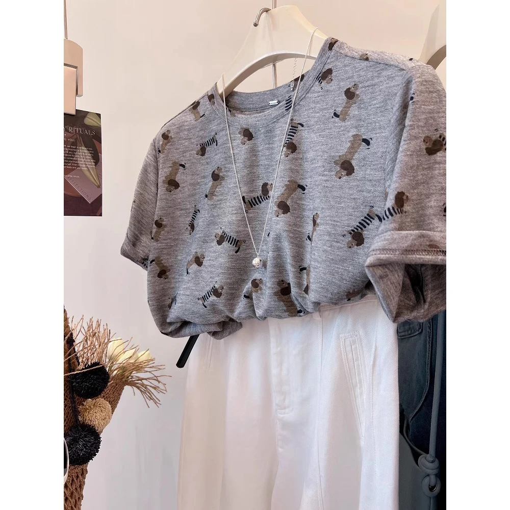 胖妹妹大码凉爽满印小狗软糯亲肤薄款显瘦短袖T恤女夏季宽松上衣
