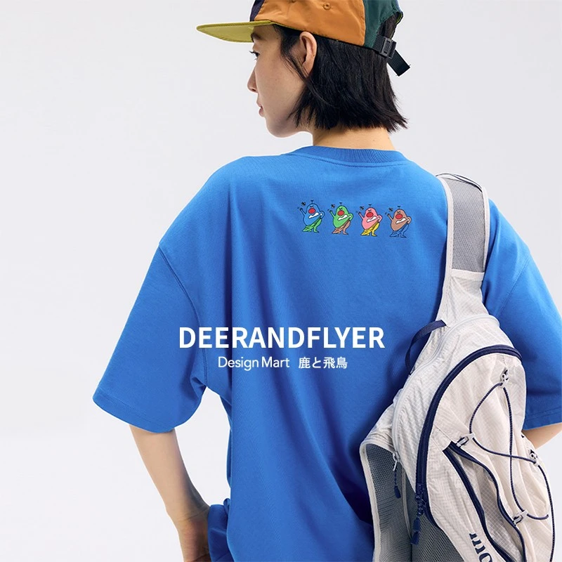 鹿与飞鸟“土豆星人”趣味感印花oversize两色落肩圆领T恤6658