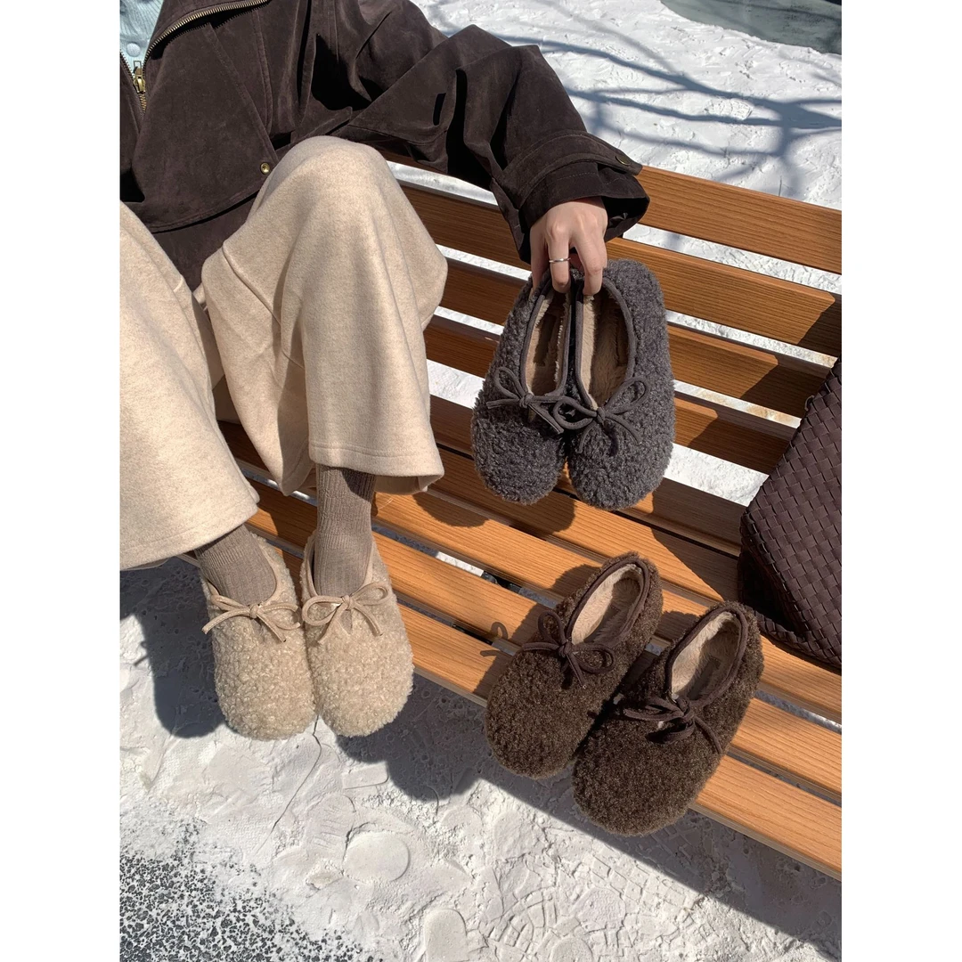 女款冬季复古加绒软底纯色圆头低帮玛丽珍毛毛乐福鞋保暖