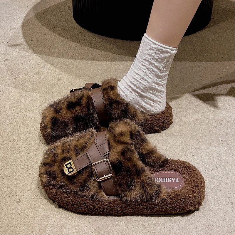 德国豹纹毛毛拖鞋秋冬季新款女士时尚舒适毛茸款厚底包头休闲懒人