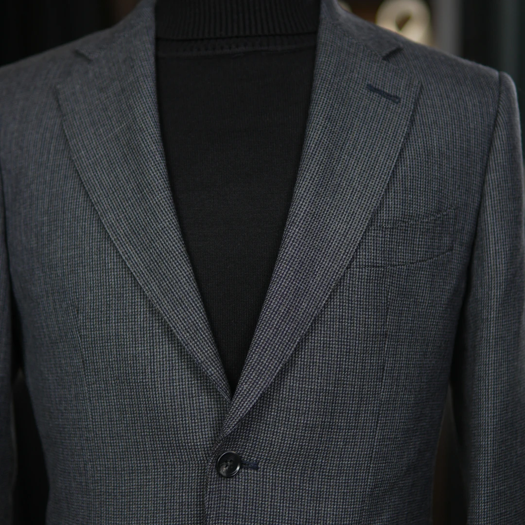 蓝灰小格纹羊毛春秋西服套装时尚商务休闲修身西装男士外套上衣