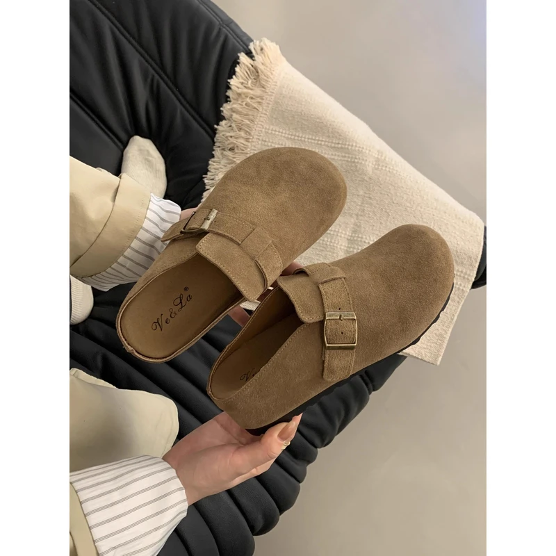 小个子内增高5CM~软皮勃肯鞋女2025新款复古坡跟厚底半拖鞋女外穿