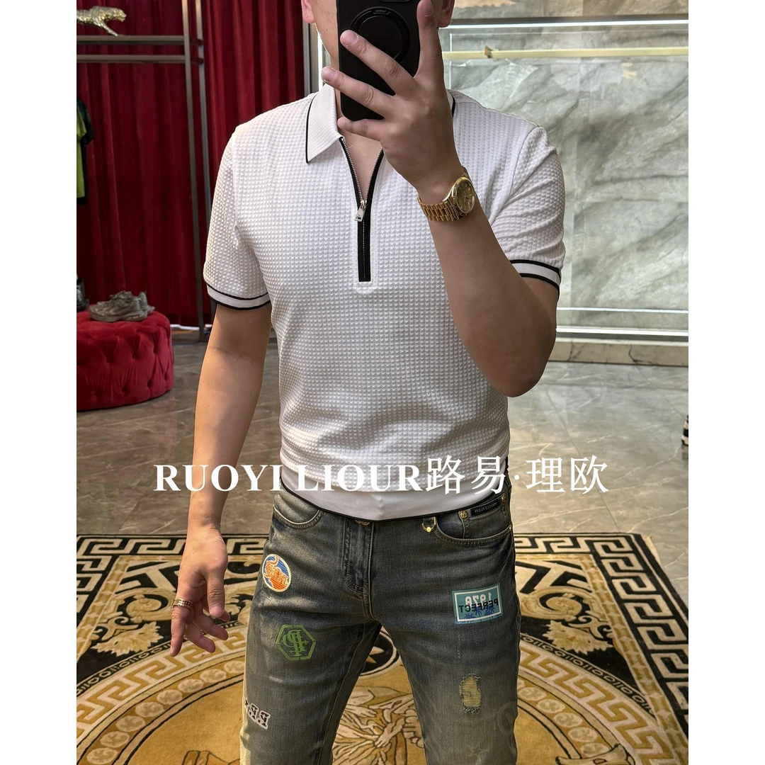 【路易理欧】2025欧货男装时尚菠萝纹半拉链开衫0139