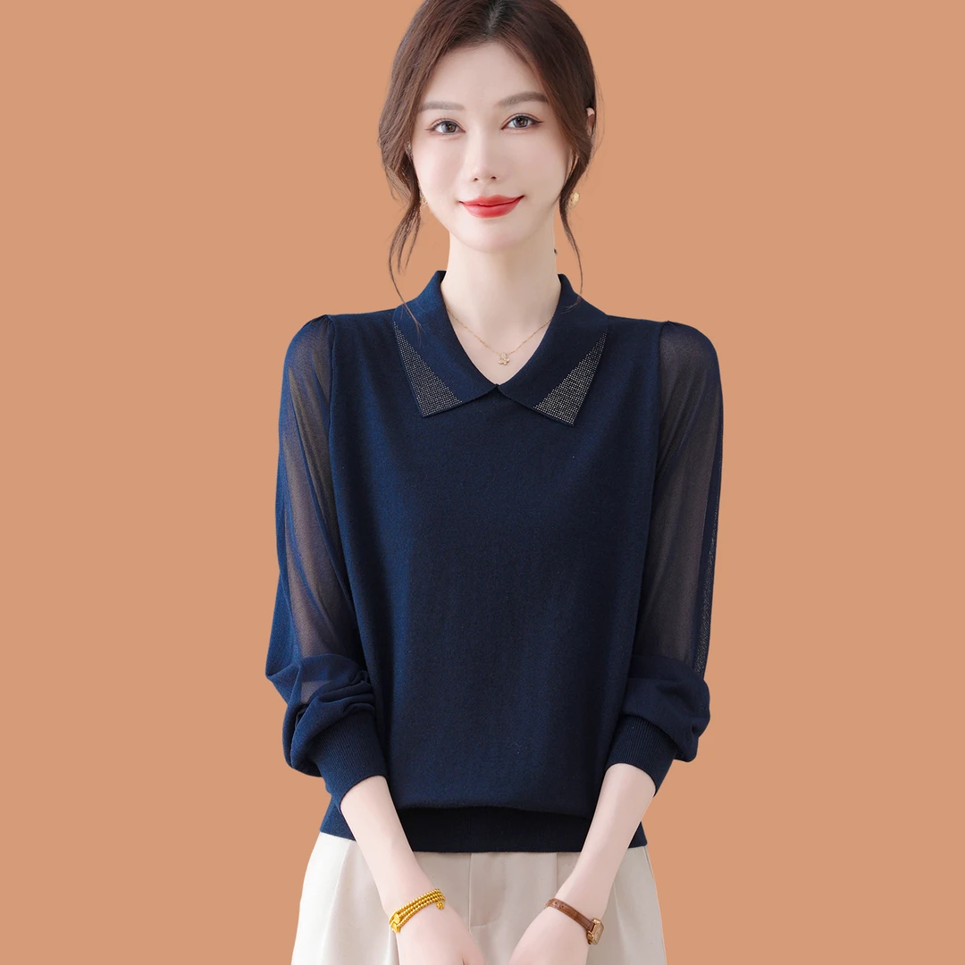 翻领羊毛针织衫长袖t恤女上衣薄款洋气妈妈宽松蕾丝纱袖打底毛衣